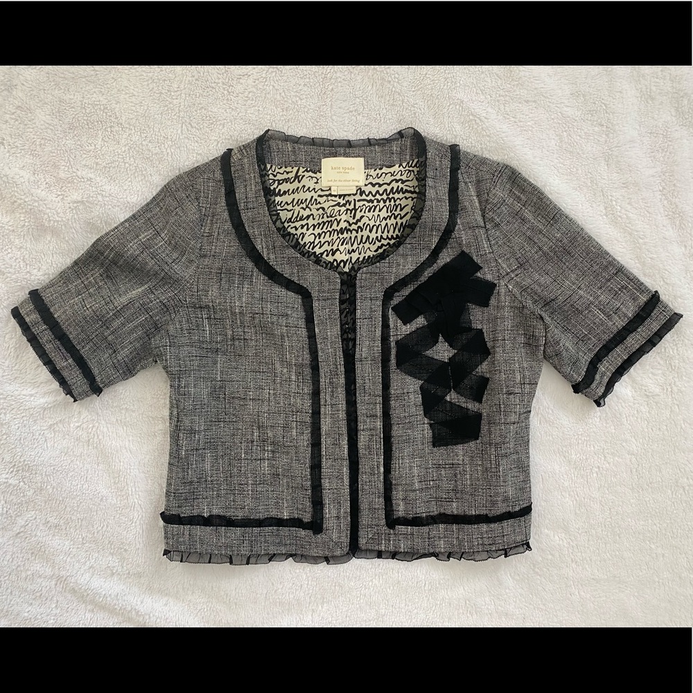 KATE SPADE “Silver Lining” Black & White Linen Crop Jacket Size 10 Bow/Ruffle